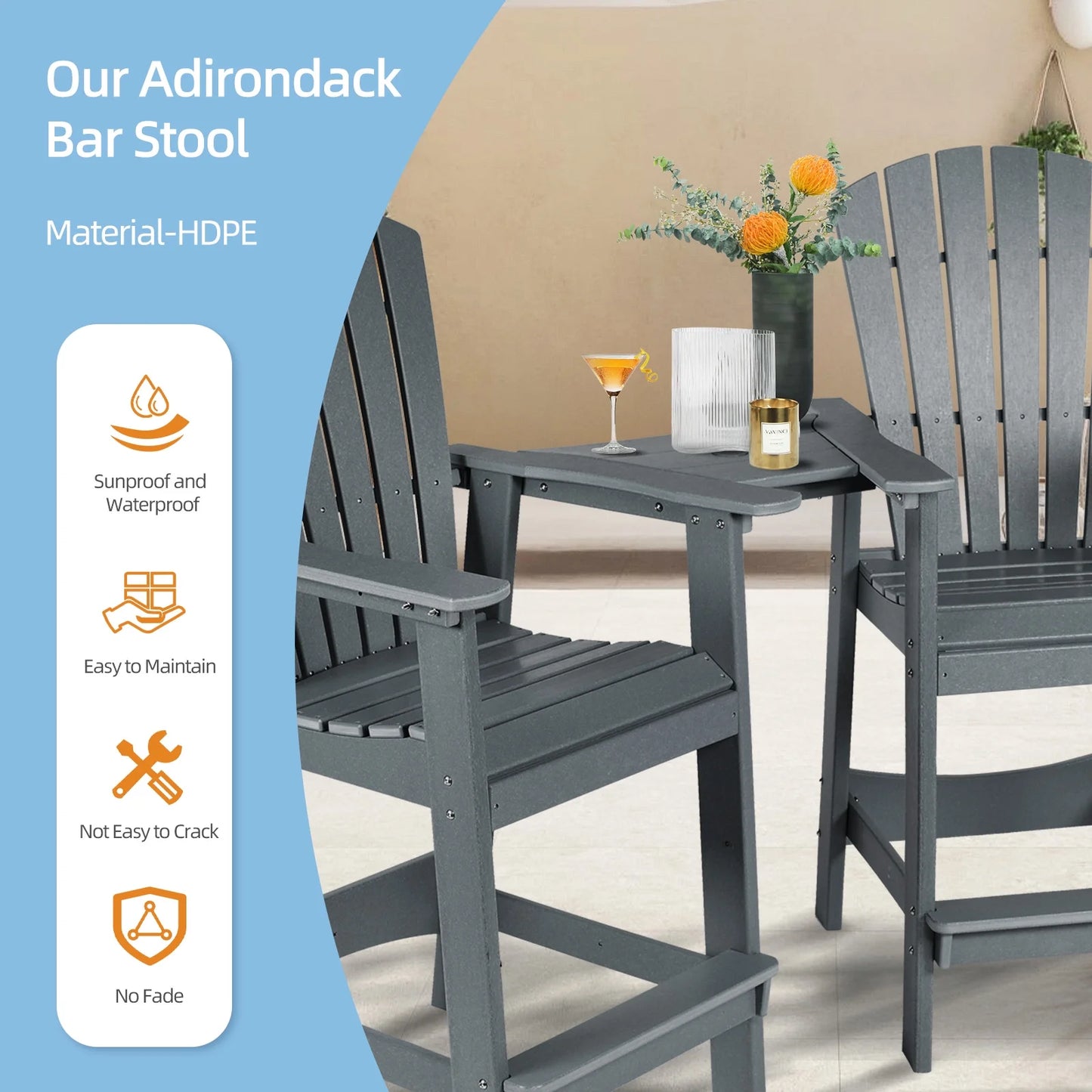 Aoodor Tall Adirondack Chairs Set of 2, HDPE Outdoor Bar Stools with Connecting Tray, Patio Furniture for Backyard, Garden, or Balcony (Gray)
