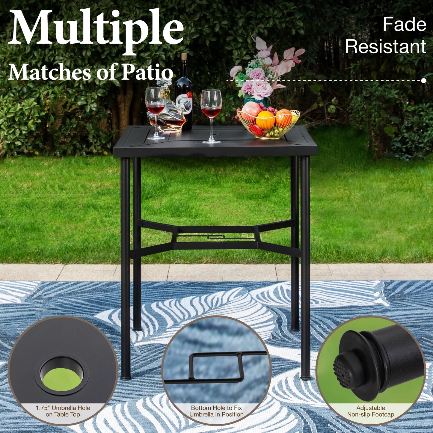 Summit Living Outdoor Bar Table, 38.25"H Metal Patio Square Bistro Table with Umbrella Hole,Black