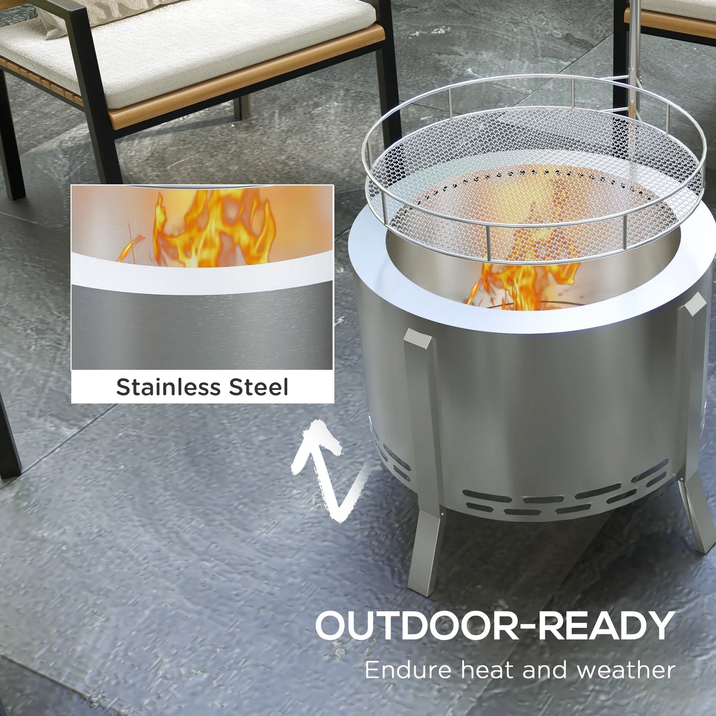 BBQ Utensils Outsunny 2-in-1 Smokeless Fire Pit, BBQ Grill, 19" Portable Wood Burning Firepit with Cooking Grate and Poker, Low Smoke Camping Bonfire Stove for Backyard Patio Picnic, Stainless Steel,