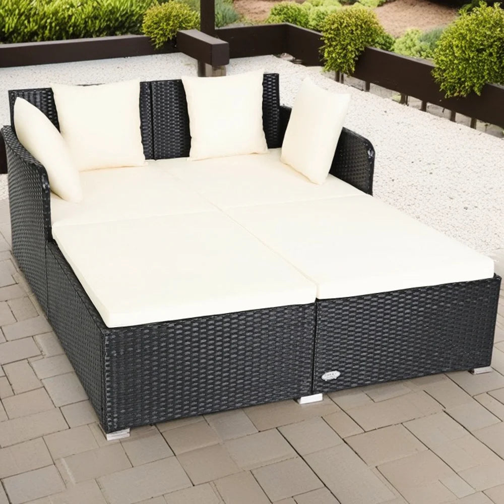 Resenkos Outdoor Patio Rattan Wicker Daybed Sectional Conversation Double Chaise Lounge, White Resistant Cushions