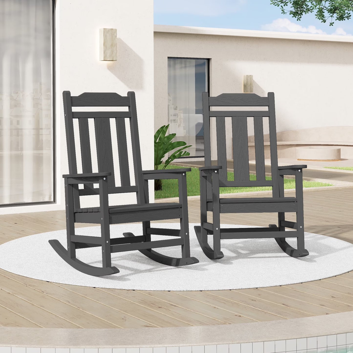SERWALL Outdoor Rocking ChairHDPE Patio Rocking Chair, Heavy Duty Front Porch Rocker, Blue