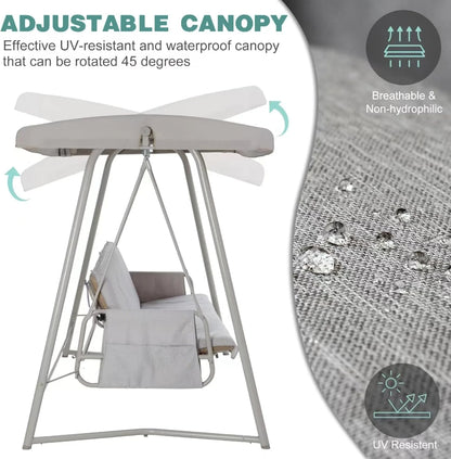 CHINNLUU Oversized 4 Person Porch Swing with Stand 800 LBS Capacity Adjustable Canopy Backrest Includes Cushions Pillows Patio 2 in 1 Swing Bed for Backyard Garden Poolside, Champagne