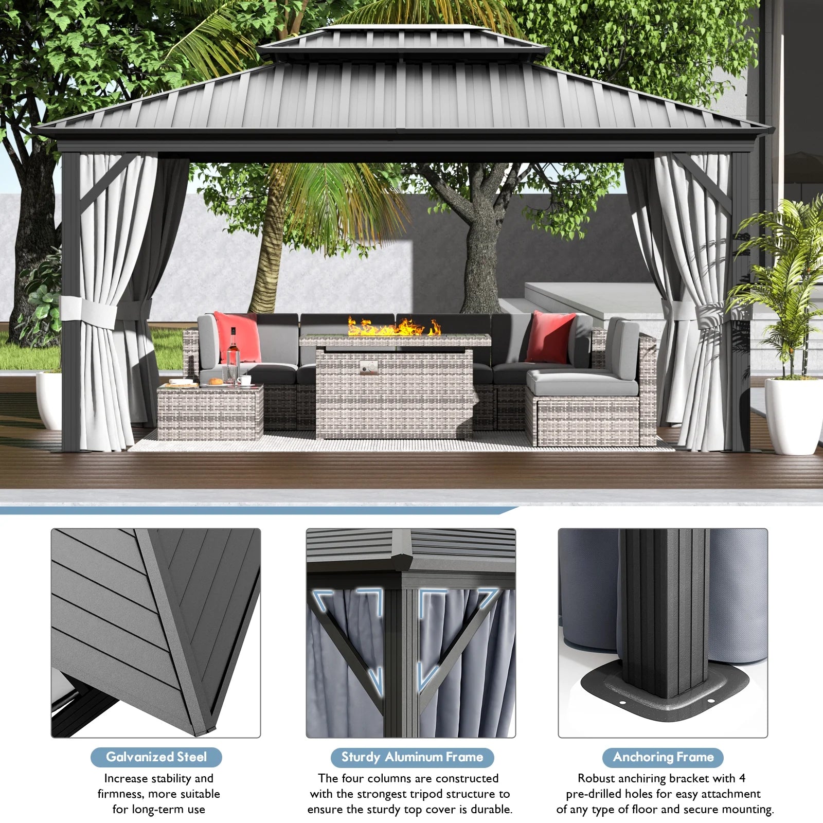 AOXUN 12'x16?Outdoor Hardtop Gazebo, Galvanized Double Roof Aluminum Pavilion with Netting and Curtains for Garden, Patio, Lawns, Gray