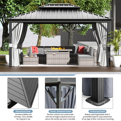 AOXUN 12'x16?Outdoor Hardtop Gazebo, Galvanized Double Roof Aluminum Pavilion with Netting and Curtains for Garden, Patio, Lawns, Gray