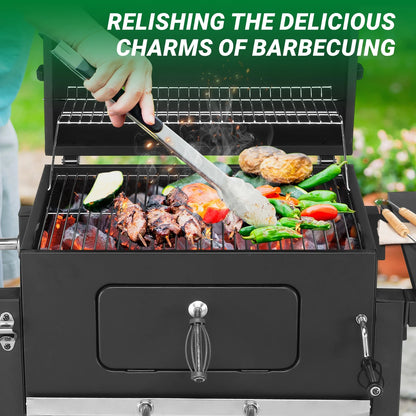 Seizeen Charcoal Grill, 42.5''H Portable BBQ Grill on Wheels, Heavy-duty Outdoor Grill w/2 Grill Area, Adjustable Pan & Foldable Side Table, Picnic Patio Garden and Backyard Grilling