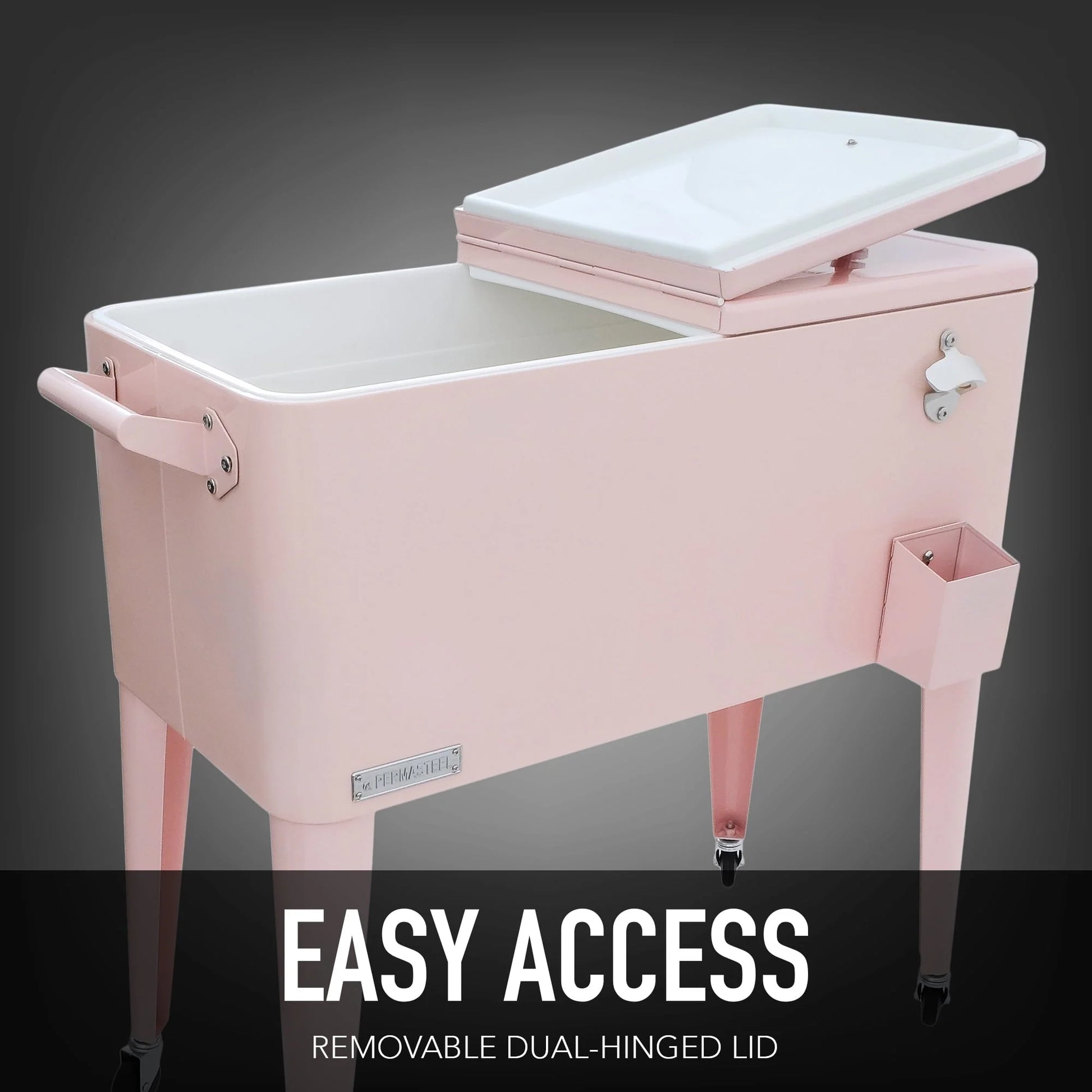 Permasteel 80-Qt Classic Outdoor Steel Patio Cooler on Wheels, Beverage Rolling Cart, Pink