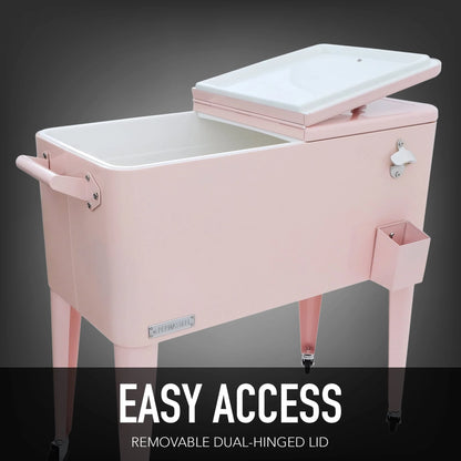 Permasteel 80-Qt Classic Outdoor Steel Patio Cooler on Wheels, Beverage Rolling Cart, Pink