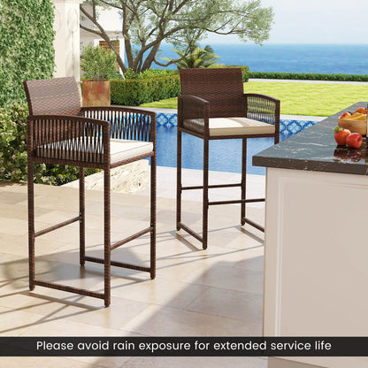Costway Patio Bar Stools Set of 2 PE Rattan Bar Height Chairs with Backrests & Armrests
