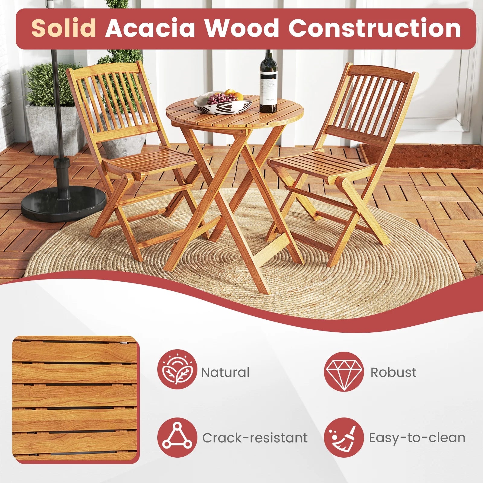 Topbuy Patio Folding Chair Set of 4 Portable Acacia Wood Dining Chairs with High Back & Seat Cushions Navy
