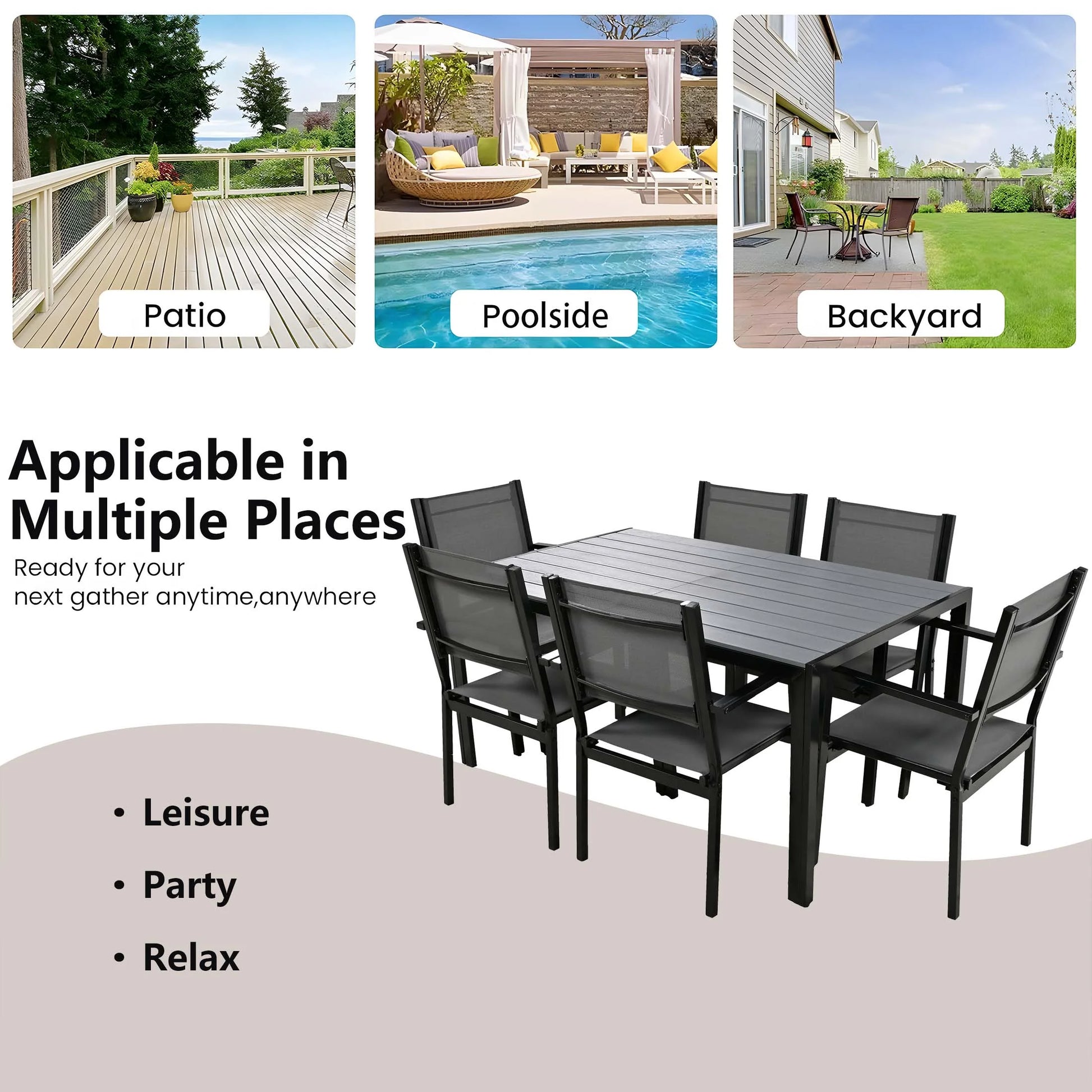 Patio Dining Set, 7PCS Outdoor Plastic-Wood Table & Textilene Chairs Set, Outdoor Furniture Dining Table Set, Garden Porch Backyard Poolside Sectional Conversation Set