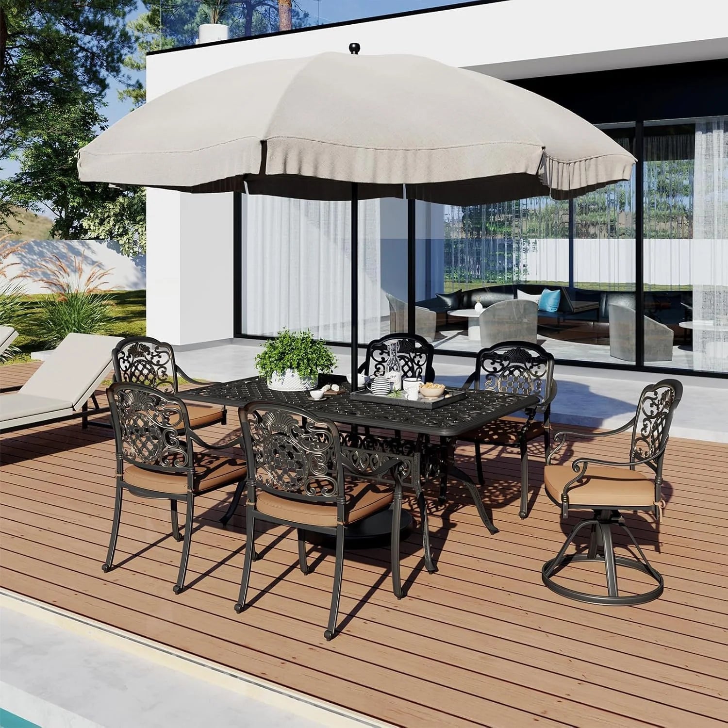 59.06" Cast Aluminum Outdoor Dining Table for 6 People, Rust-Resistant All-Weather Metal Patio Table with 2" Umbrella Hole, Heavy-Duty Garden Furniture for Deck, Backyard, Dark Bronze, Only Desk
