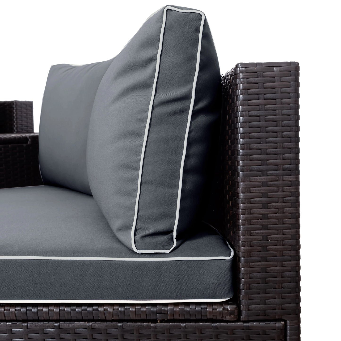 BTMWAY 6 Piece Outdoor Patio Sofa Furniture Set, BTMWAY PE Wicker Half Moon Outdoor Sectional Sofa Set with Side Table for Umbrella, Multifunctional Round Table, Gray Cushions, Pillows, Brown Rattan