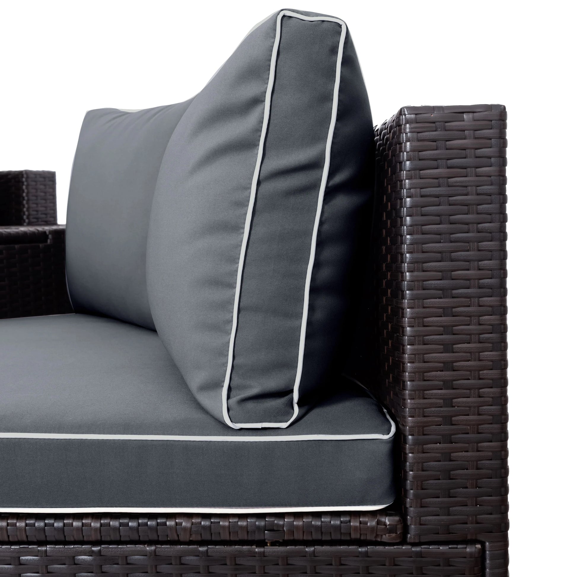 BTMWAY 6 Piece Outdoor Patio Sofa Furniture Set, BTMWAY PE Wicker Half Moon Outdoor Sectional Sofa Set with Side Table for Umbrella, Multifunctional Round Table, Gray Cushions, Pillows, Brown Rattan