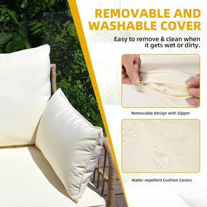XH Patio Furniture Set, 4 Pieces Outdoor Patio Conversation Set, All-Weather PE Rattan Sectional L-Shaped Sofa with Soft Cushion and Side Table for Backyard, Porch, Boho Detachable Lounger (Beige)