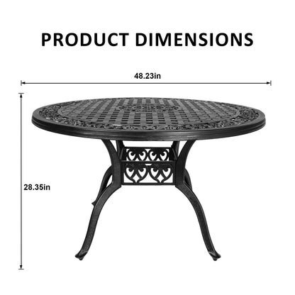 48 Inch Outdoor Dining Table Round Patio Bistro Table Powder-Coated Cast Aluminum Frame Patio Dining Table Garden Table with Umbrella Hole (Black)