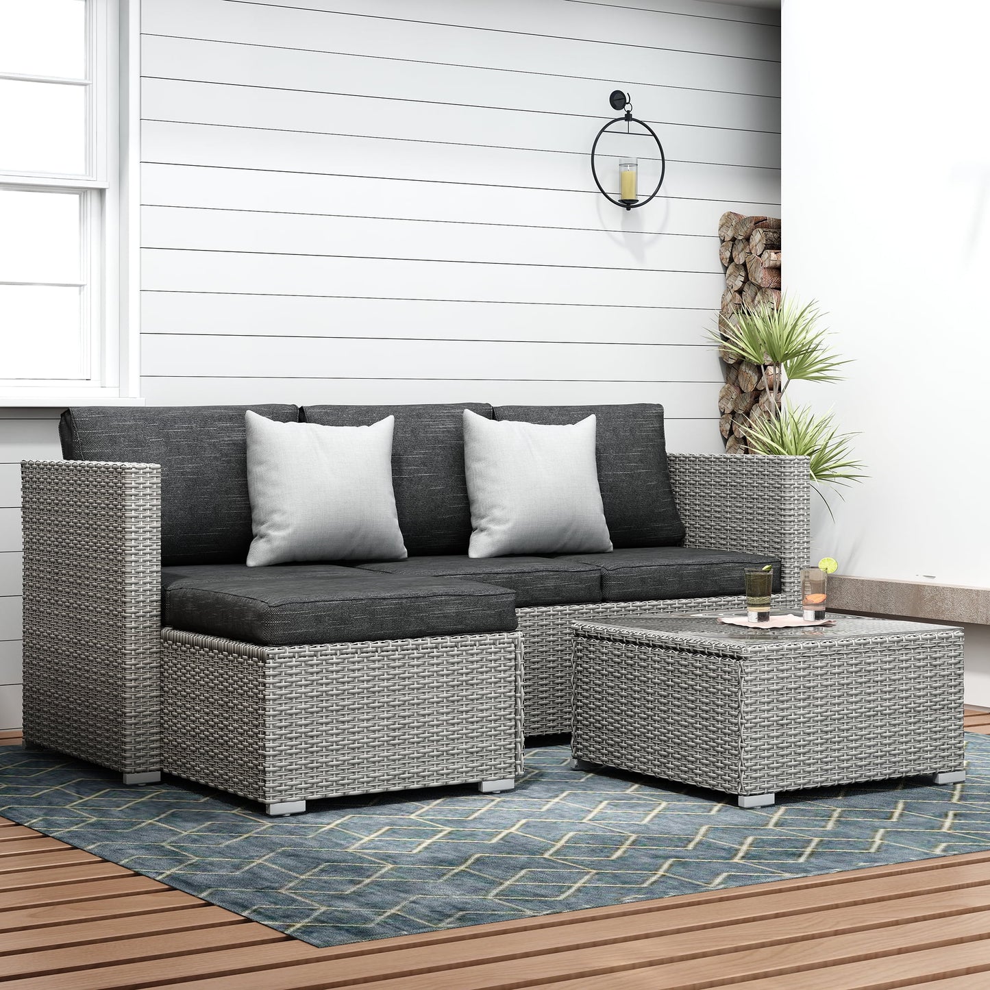 SUNTONE Patio Sectional Set - 3 Pieces Outdoor Conversation Set Wicker Rattan Outdoor Furniture Sofa with Table, Beige