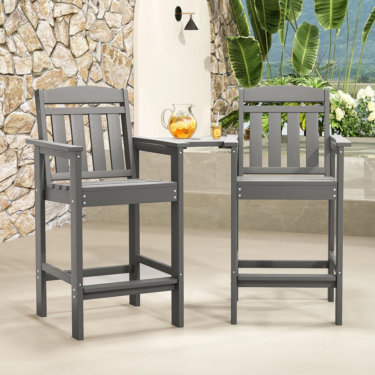 STARY Tall Adirondack Chairs Set of 2, HDPE Adirondack Bar Stools with Connecting Tray, Bar Height Adirondack Chair Patio Barstool, Ideal All Weather Tall Patio Chair for Balcony, Poolside, Backyard