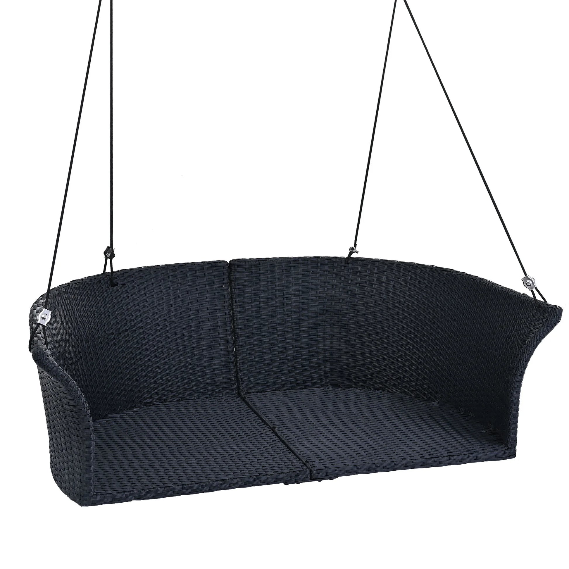 51.9" 2 Seat Patio Swing Chair, Rattan Woven Porch Swing with Adjustable Ropes, Cushion and Pillow, Wicker Outdoor Hanging Bench for Garden Yard, 500LBS Weight Capacity, Black and White