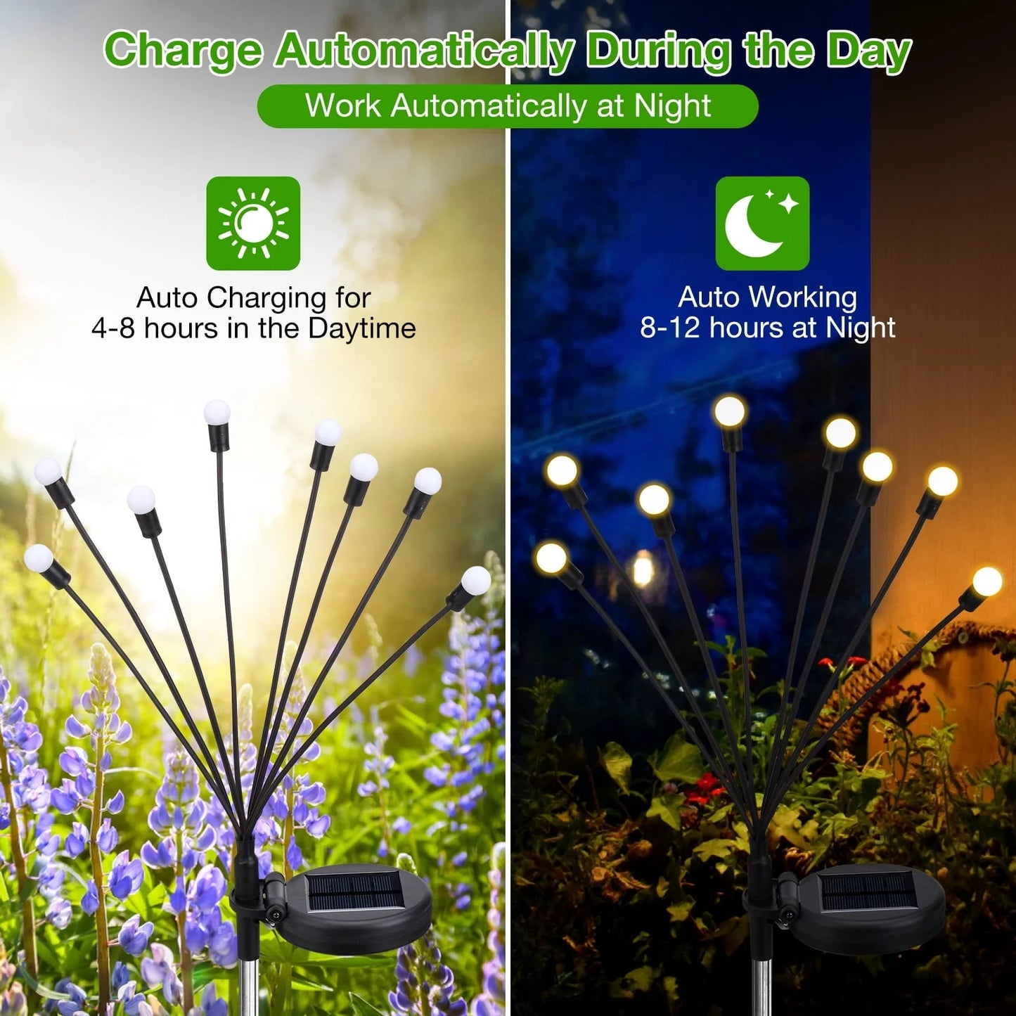 ThorFire 4pcs Solar Garden Lights 8 Head 2 Modes IP65 Waterproof Landscape Lighting Solar Powered Wind-Driven Swing Warm Light for Patio Pathway Yard Walkway
