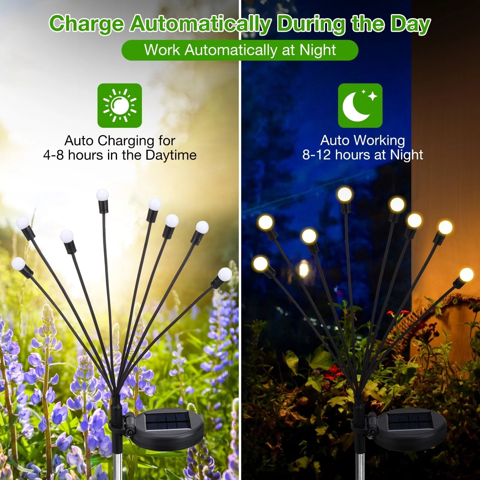 ThorFire 4pcs Solar Garden Lights 8 Head 2 Modes IP65 Waterproof Landscape Lighting Solar Powered Wind-Driven Swing Warm Light for Patio Pathway Yard Walkway