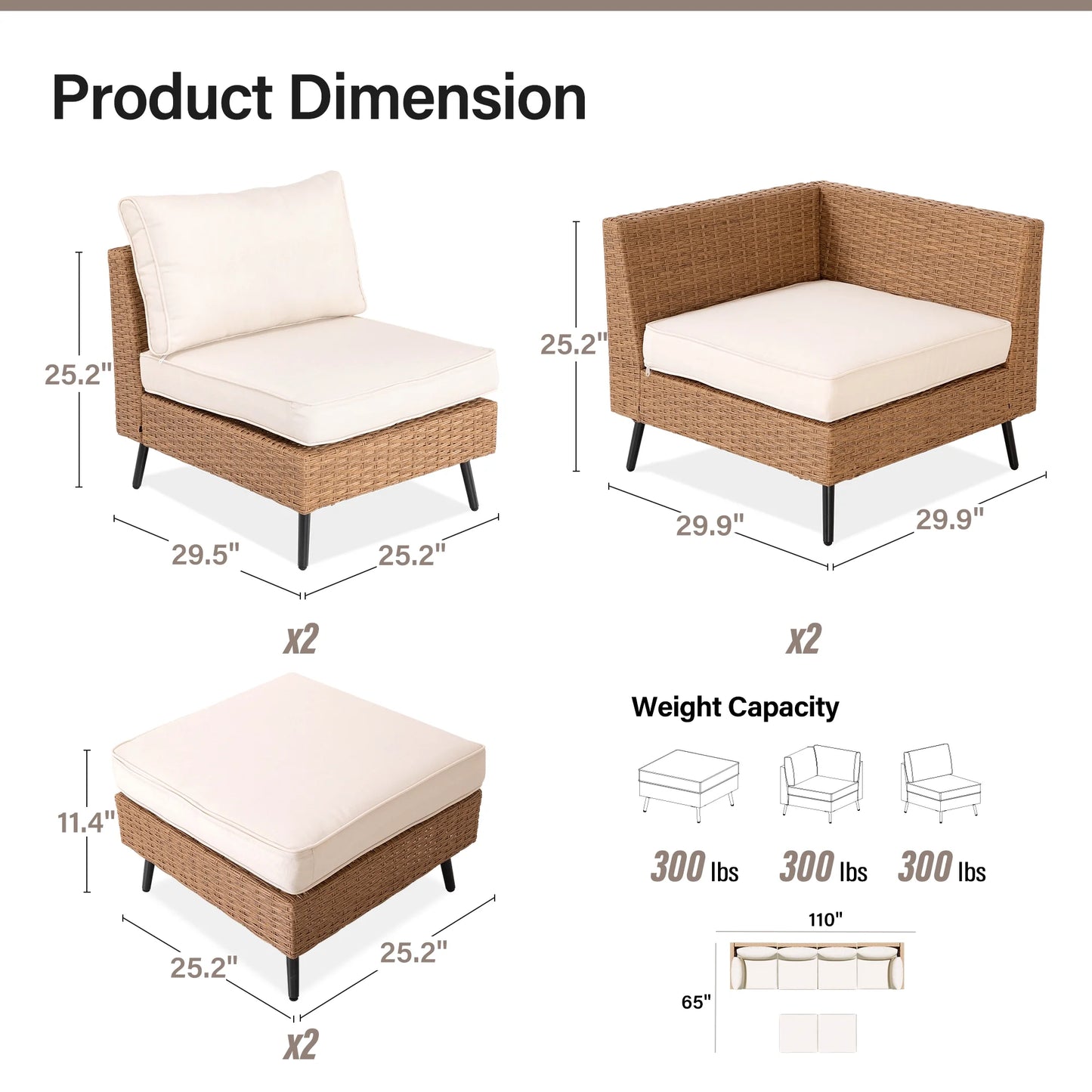 LAUSAINT HOME 6 Pieces Outdoor Furniture Set, Patio Rattan Wicker Sectionals with 4 Chairs and 2 Ottomans, Beige Cushions