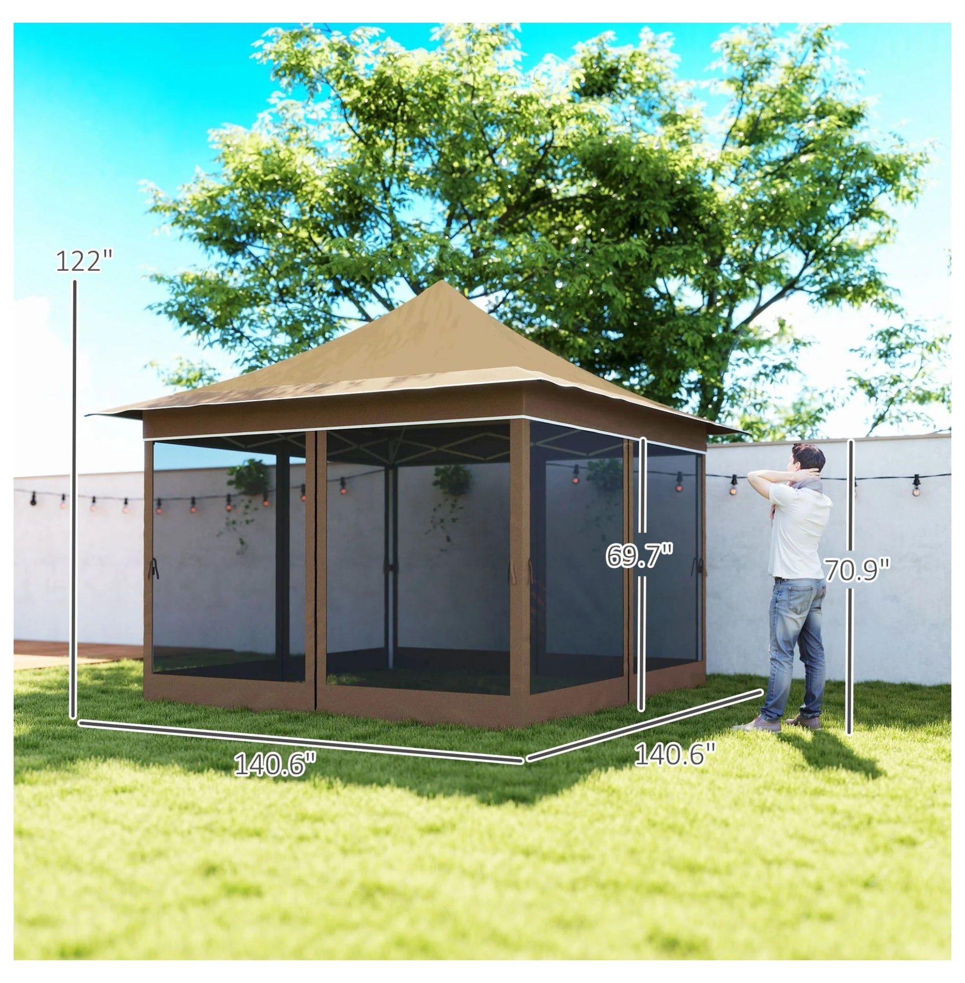 12x12 Canopy Tent with Mesh Netting, UPF 50+ Pop Up Gazebo, Beige - Patio Sun Shelter for Garden, Parties, Outdoor Events