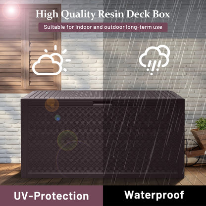 90 Gallon Resin Deck Box, Outdoor Lockable Storage Container for Patio Cushions, Garden Tools, Pool Supplies, Toys, Waterproof and UV Resistant, Brown