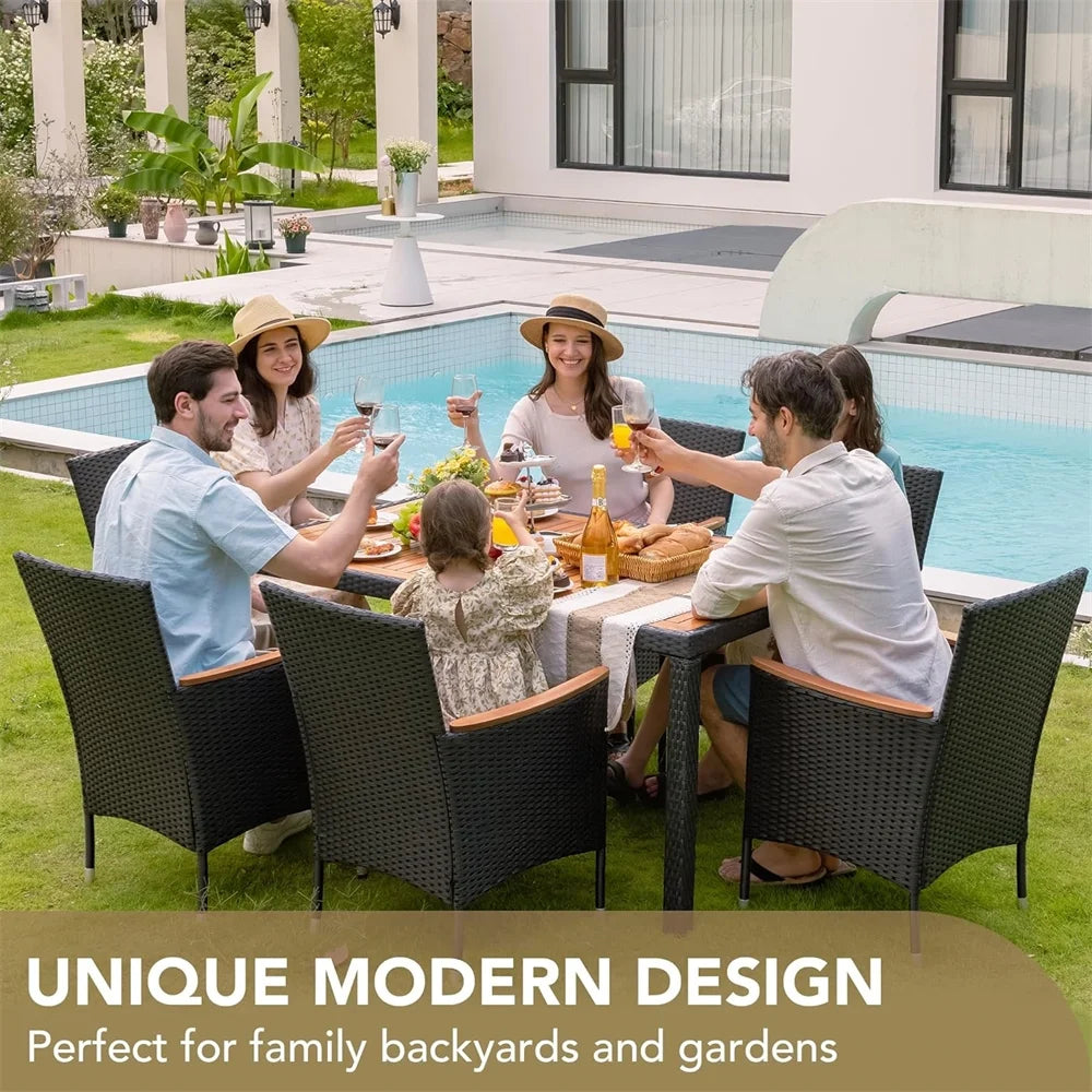 7 Pieces Outdoor Patio Dining Set, Patio Wicker Furniture Dining Set with 6 Chairs and Acacia Wood Top for Yard, Garden, Porch and Poolside, Black