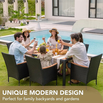 7 Pieces Outdoor Patio Dining Set, Patio Wicker Furniture Dining Set with 6 Chairs and Acacia Wood Top for Yard, Garden, Porch and Poolside, Black
