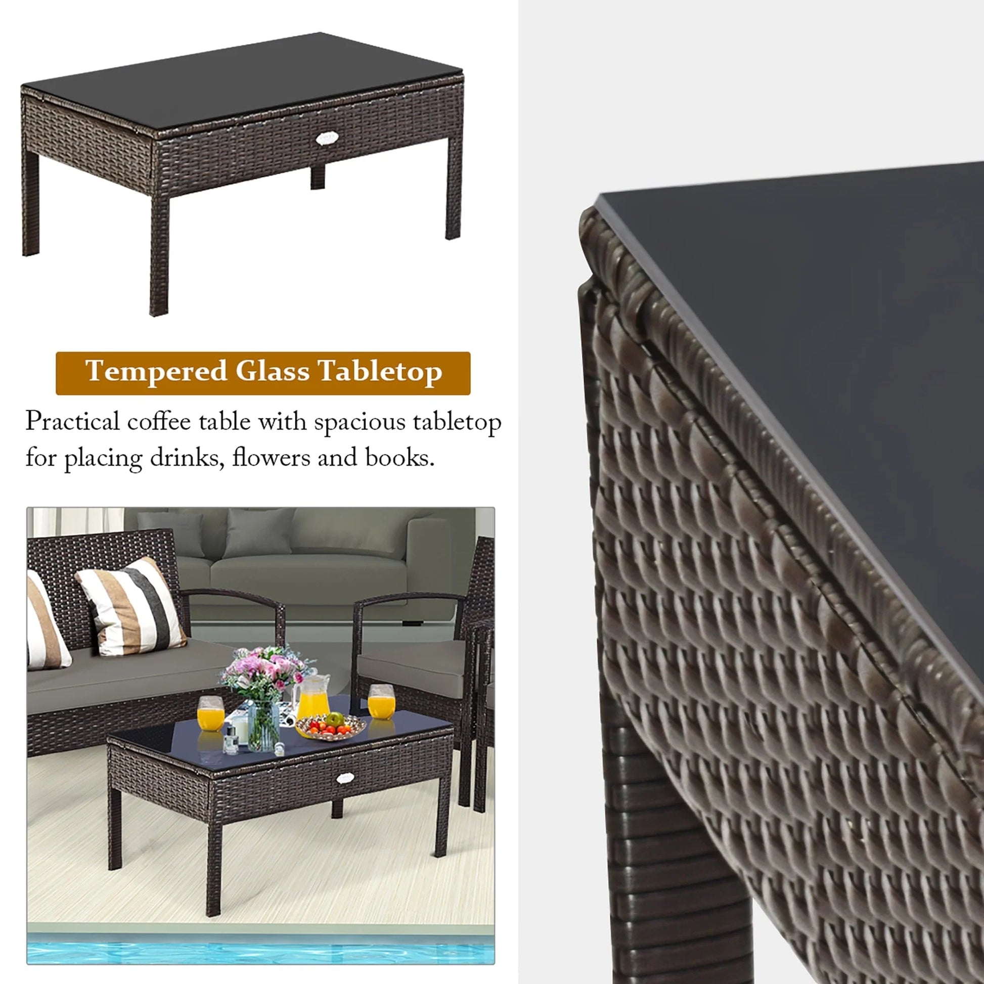Costway 4PCS Patio Rattan Wicker Furniture Set Brown Loveseat Sofa Cushioned Garden Yard Brown