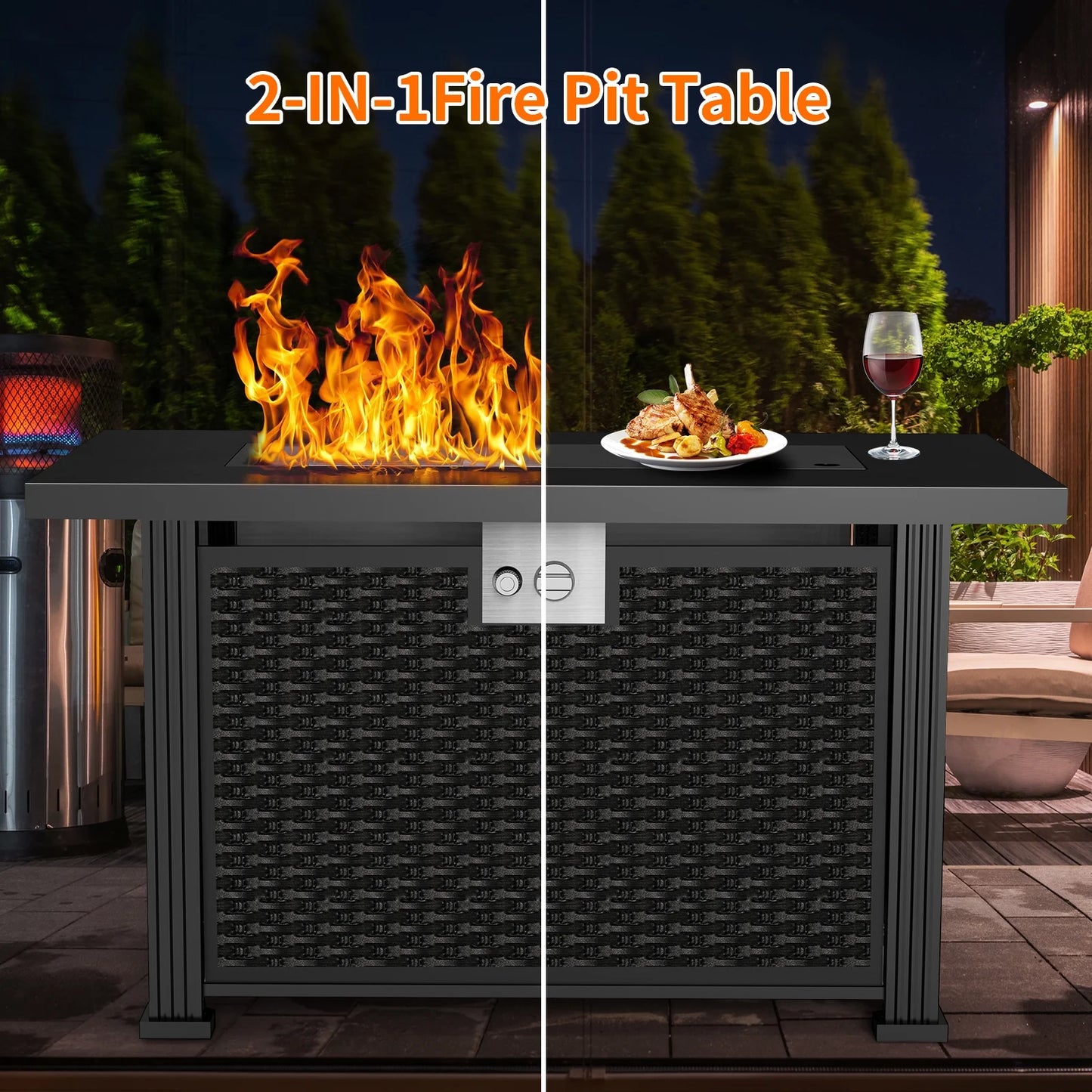 AMONSEE Propane Fire Pit for Outside, 28" GAS Firepit Table with Lid and Lava Rock for Patio Garden Party