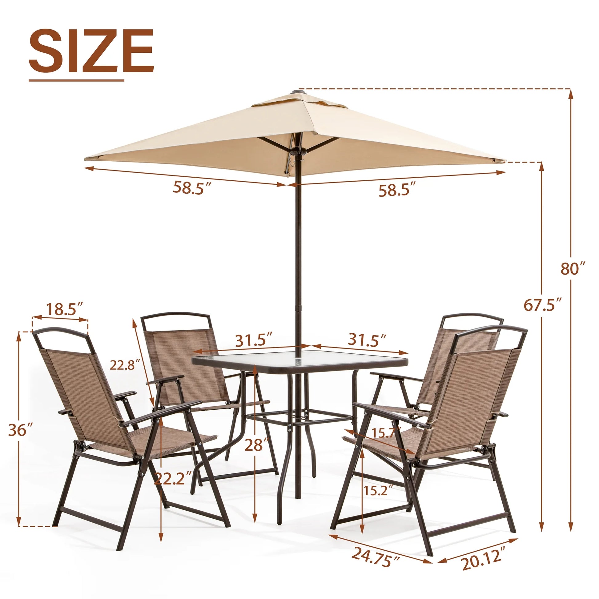 Pellebant 6 Pcs Metal & Glass Patio Dinning Set and Umbrella in Beige