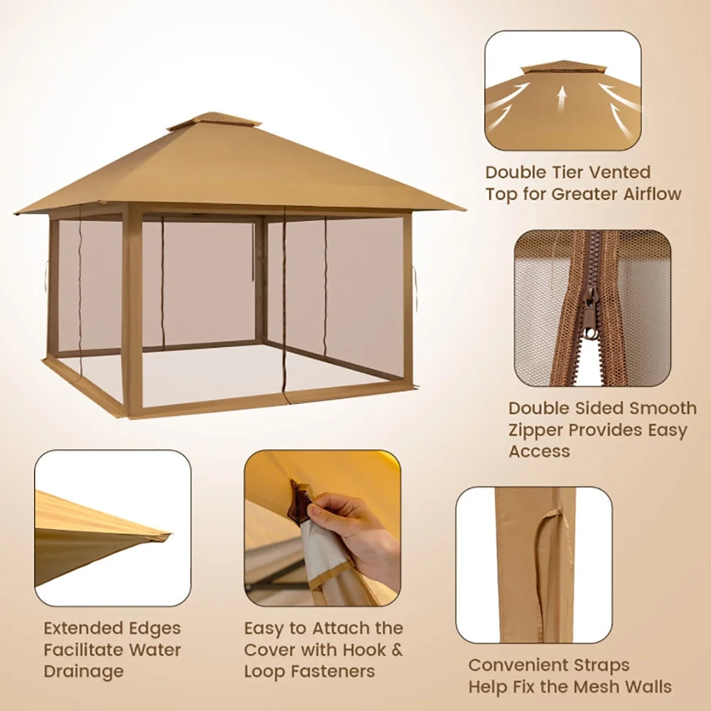 Yardi Yard 13 x 13 Feet Pop-up Instant Canopy Tent with Mesh Sidewall-Coffee, Roof Hardtop Galvanized Steel Top Canopy, Patio Heavy Duty Gazebo for Deck, Backyard