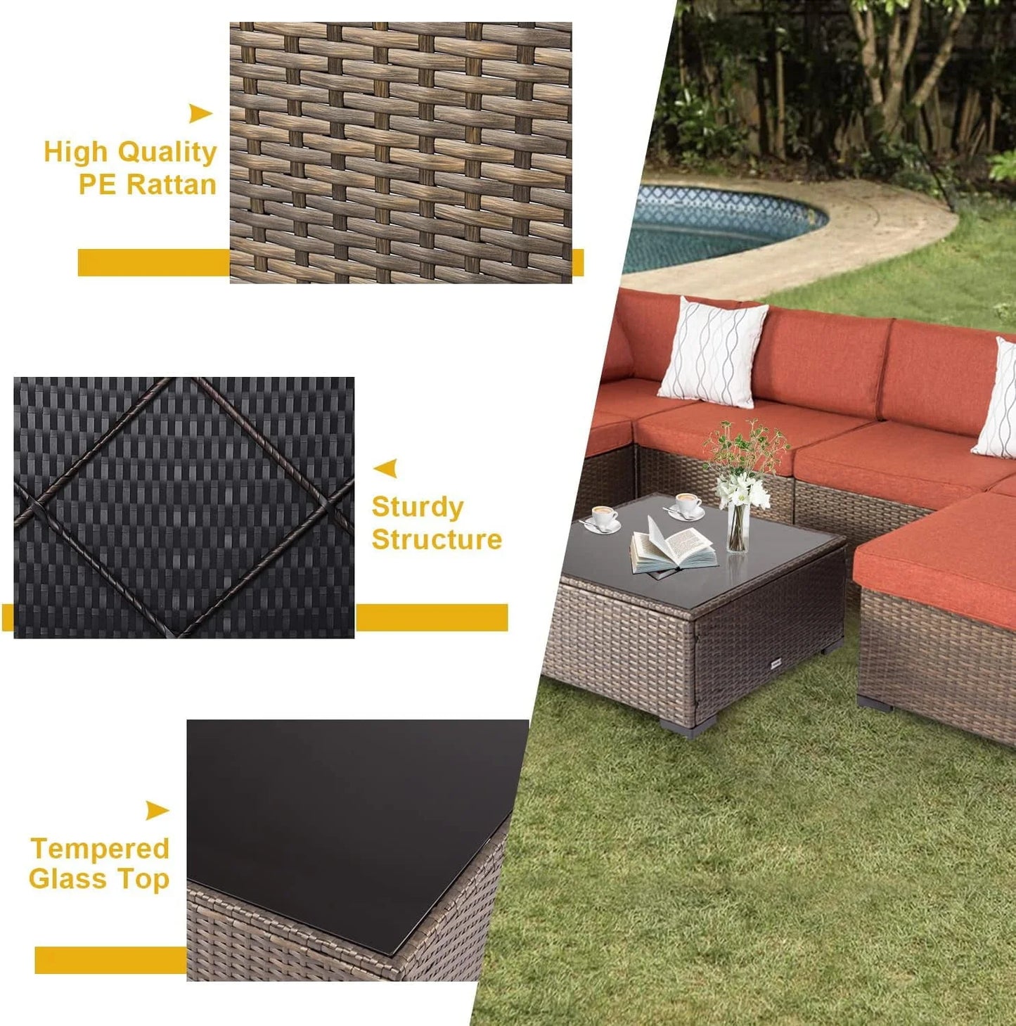 Kinbor Outdoor Wicker Furniture Set 7Pcs Sectional Sofa Patio Conversation Set with Maple Red Cushions