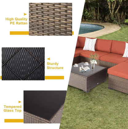 Kinbor Outdoor Wicker Furniture Set 7Pcs Sectional Sofa Patio Conversation Set with Maple Red Cushions