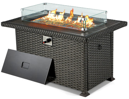 HOMREST Propane Fire Pit Table, 44 Inch 50,000 BTU Auto-Ignition Gas Fire Pit Table Rectangular/w Glass Wind Guard, Wood Plastic Composites Tabletop, CSA Certification Firepit for Outdoor Patio Lawn
