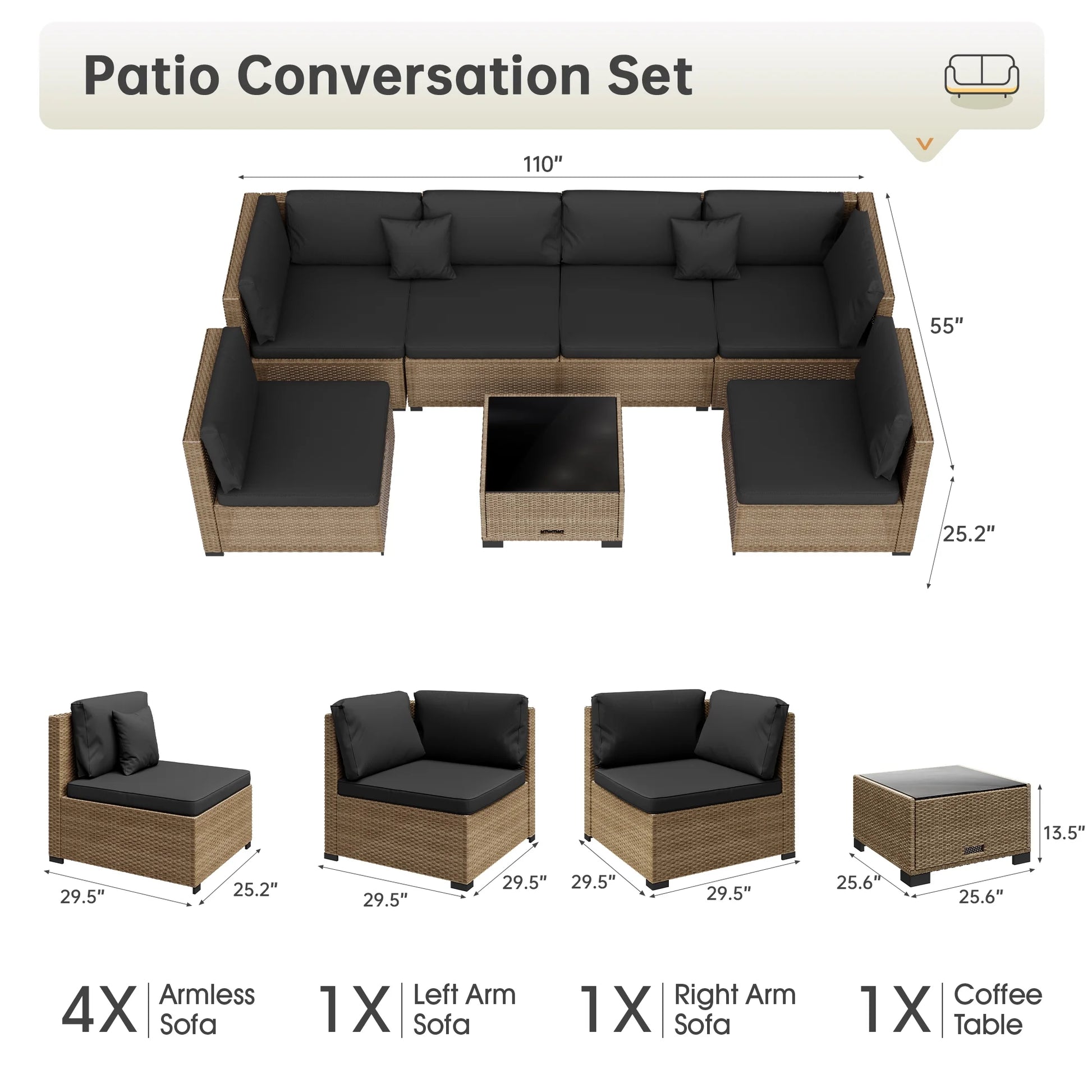7 Piece Patio Furniture Set, Outdoor Furniture Patio Sectional Sofa, All Weather PE Rattan Outdoor Sectional with Cushion and Coffee Table.