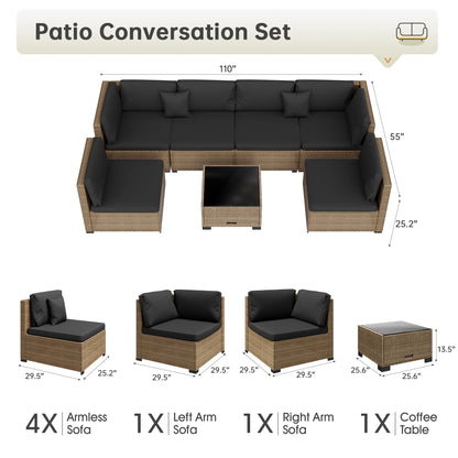 7 Piece Patio Furniture Set, Outdoor Furniture Patio Sectional Sofa, All Weather PE Rattan Outdoor Sectional with Cushion and Coffee Table.