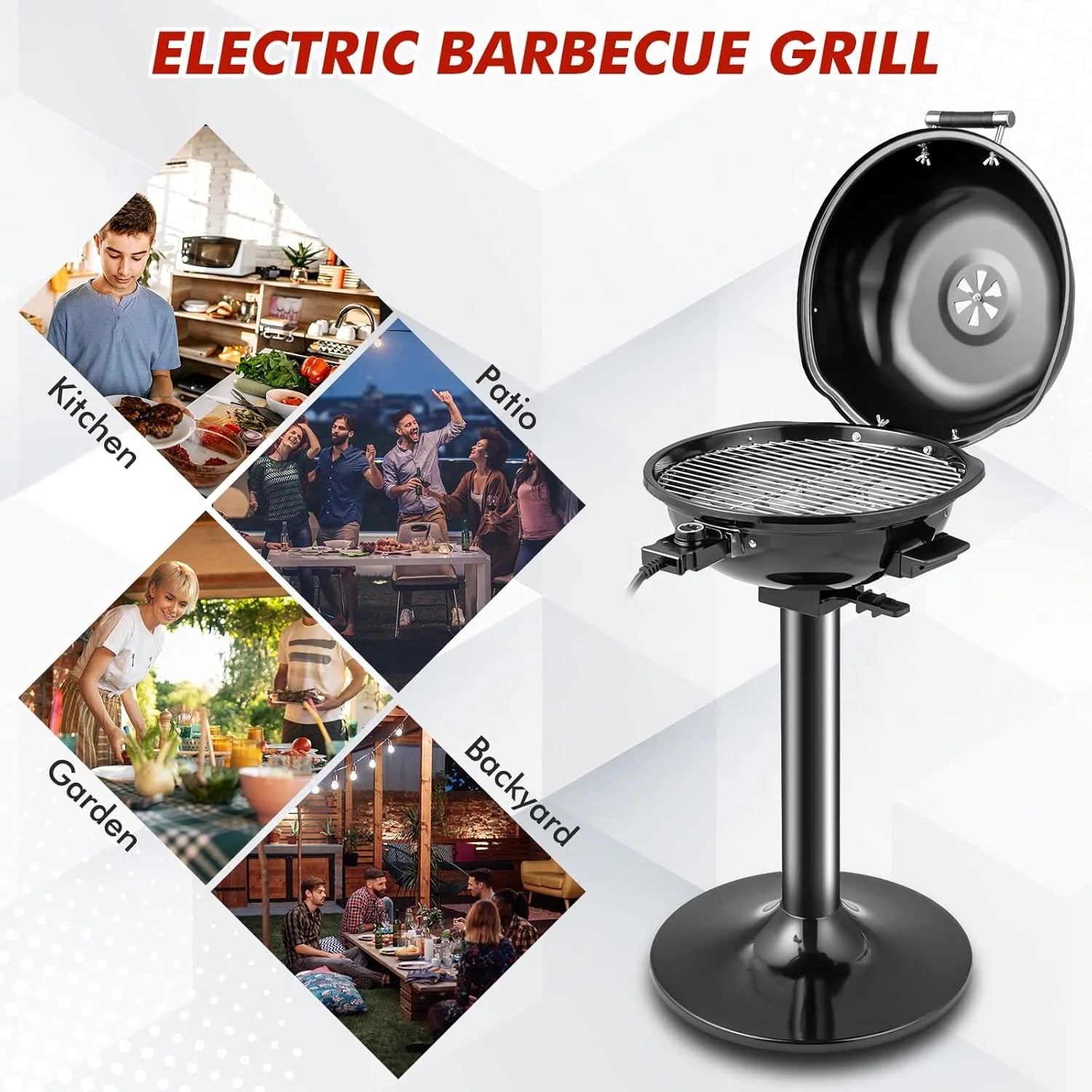 NALYL 1600W Outdoor Electric Grill BBQ Grill for 15-Serving, Electric Barbecue Grill for Indoor & Outdoor Use, Portable Stand BBQ Grill for Patio Balcony Kitchen Garden