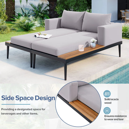 Harper & Bright Designs Patio Outdoor Metal Daybed for 2, All Weather Outdoor Chaise Lounges Reclining Chairs with Wood Topped Side Spaces for Drinks for Poolside Balcony Deck, Gray