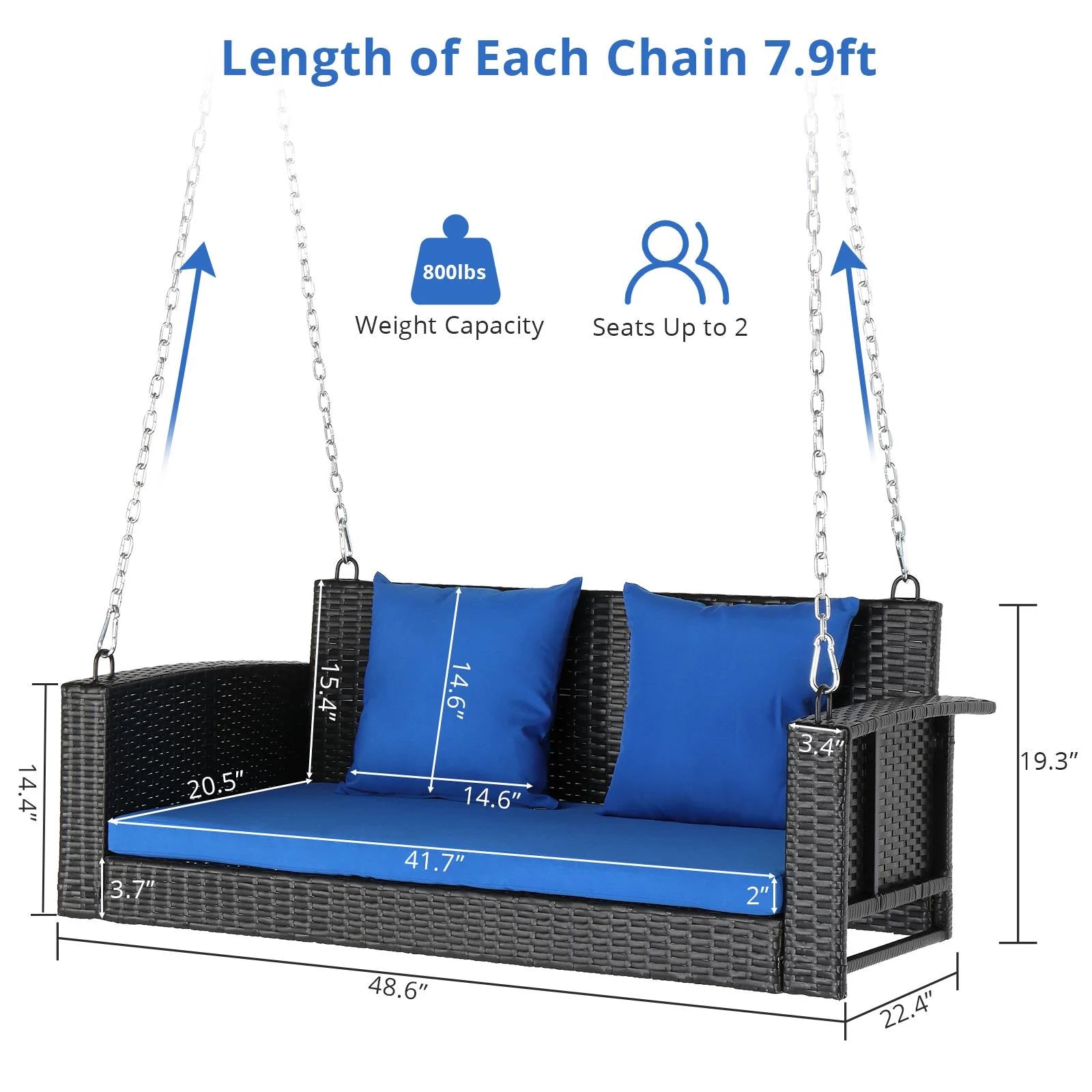 Zimtown Patio Rattn Wicker Swing, Outdoor Bench w/Blue Cushion, Outdoor Seat Garden Swing for 2 Person