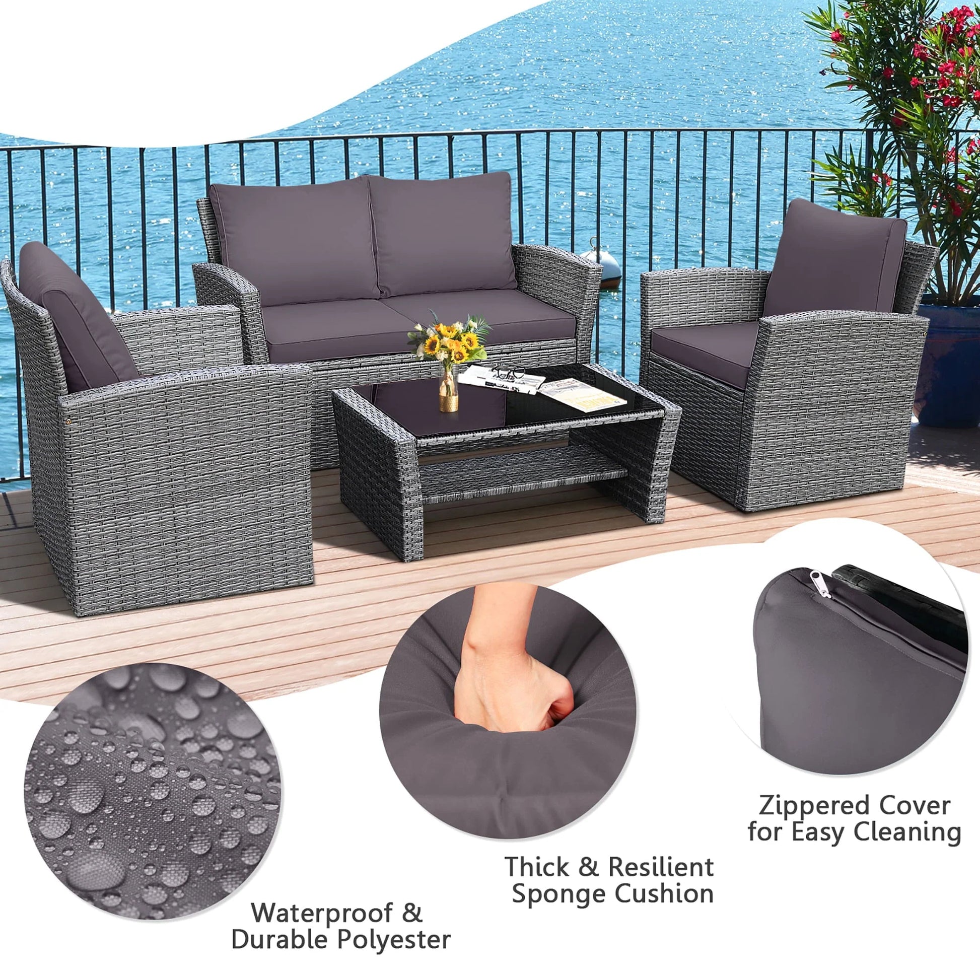 Gymax 4PCS Patio Rattan Conversation Set Outdoor Furniture Set w/Grey Cushions
