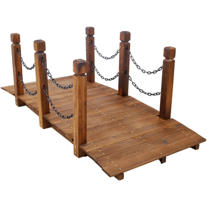 5 FT Wooden Garden Bridge, Stained Wood Arc Footbridge with Chain Railings, Outdoor Lawn Pond Bridge for Garden, Yard, Patio, Courtyard, Farm, Creek, Brown