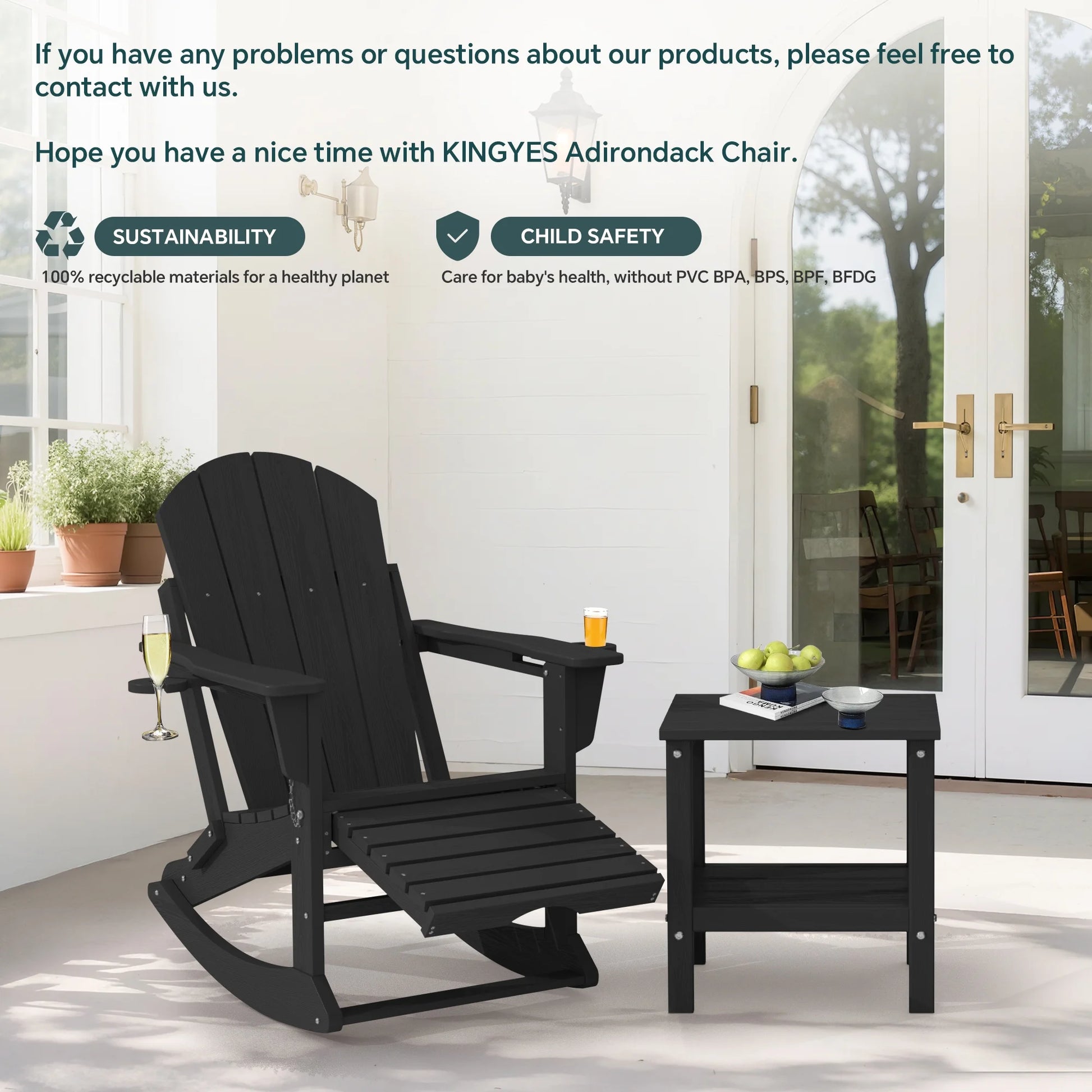 KINGYES Folding Adirondack Rocker Chair Set of 2 W/Footrest & Dual Cup Holders, HDPE Outdoor Patio Rocking Chair, Black