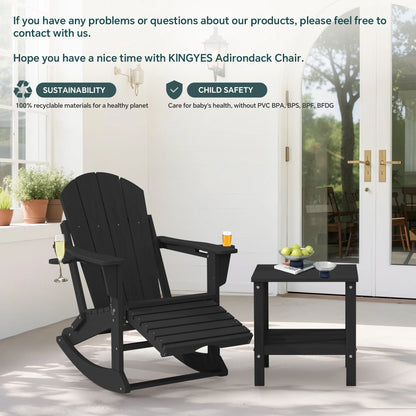 KINGYES Folding Adirondack Rocker Chair Set of 2 W/Footrest & Dual Cup Holders, HDPE Outdoor Patio Rocking Chair, Black
