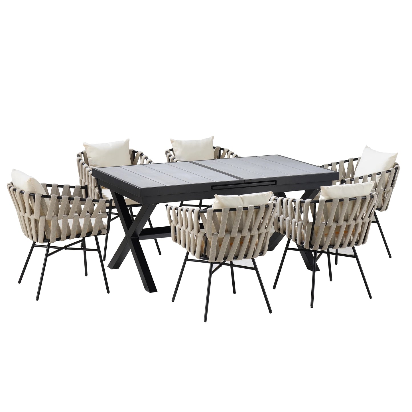 Harper & Bright Designs 7 Pieces Metal Outdoor Dining Table and Chairs Set for 6, All-Weather Patio Dining Furniture with 6 Woven Tape Chairs for Backyard Garden Balcony, Gray, Natural
