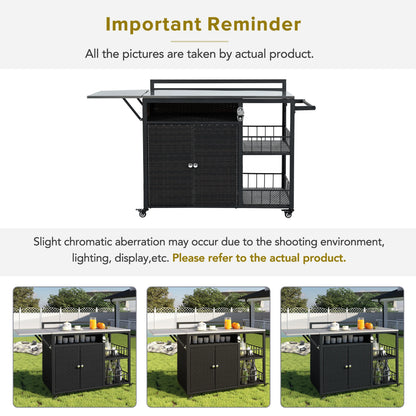 Euroco Outdoor Rolling Bar Cart with Foldable Stainless Steel Tabletop, Storage Cabinet, Bottle Opener & Lockable Wheels, PE Rattan Patio Kitchen Serving Station for BBQ & Entertaining