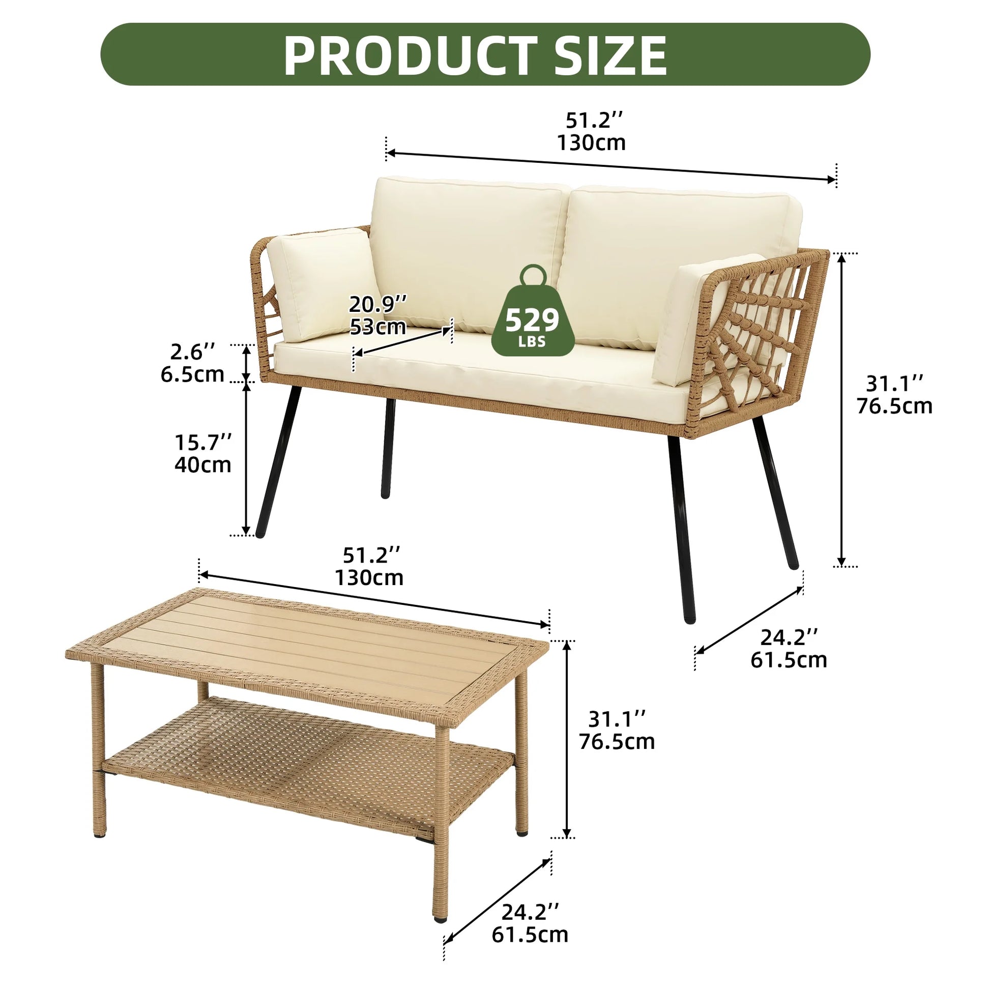 Uforic Outdoor Wicker Loveseat with Cushions and Rattan Side Table, All-Weather 2 Pieces Bistro Patio Conversation Furniture Set -Beige