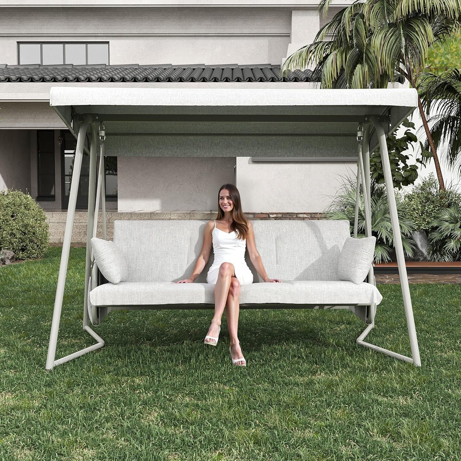 TQKVIPI Oversized 4 Person Outdoor Porch Swing with Adjustable Backrest Canopy,2-in-1 Swing Bed 800 lbs Capacity,Patio Swing with Removable Cushions for Yard Garden Poolside Balcony