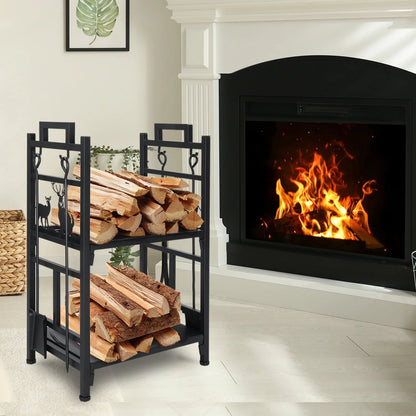OverPatio Firewood Rack Fireplace Tool Rack Indoor Wood Holders Fireplace Tools Set Tongs Accessories
